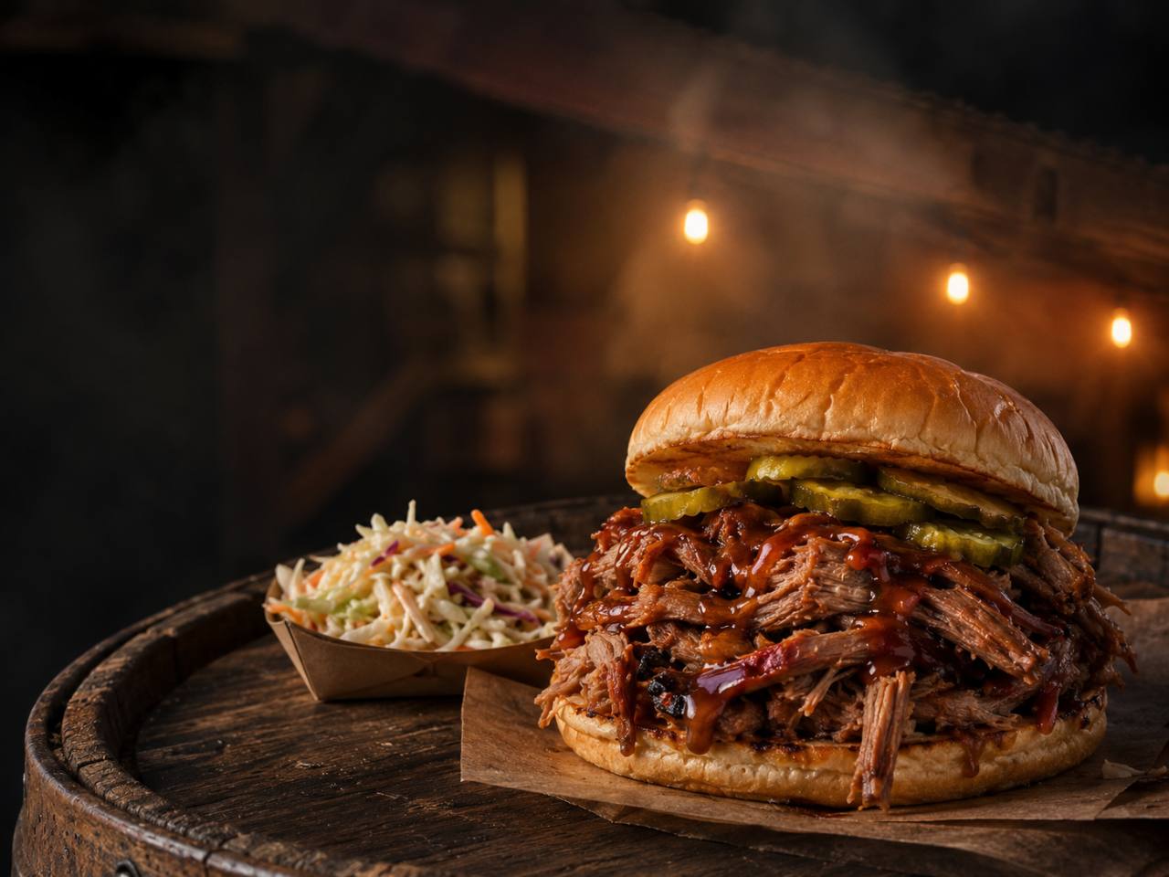 Roadhouse Grille smoked brisket sandwich with slaw and warm string lights
